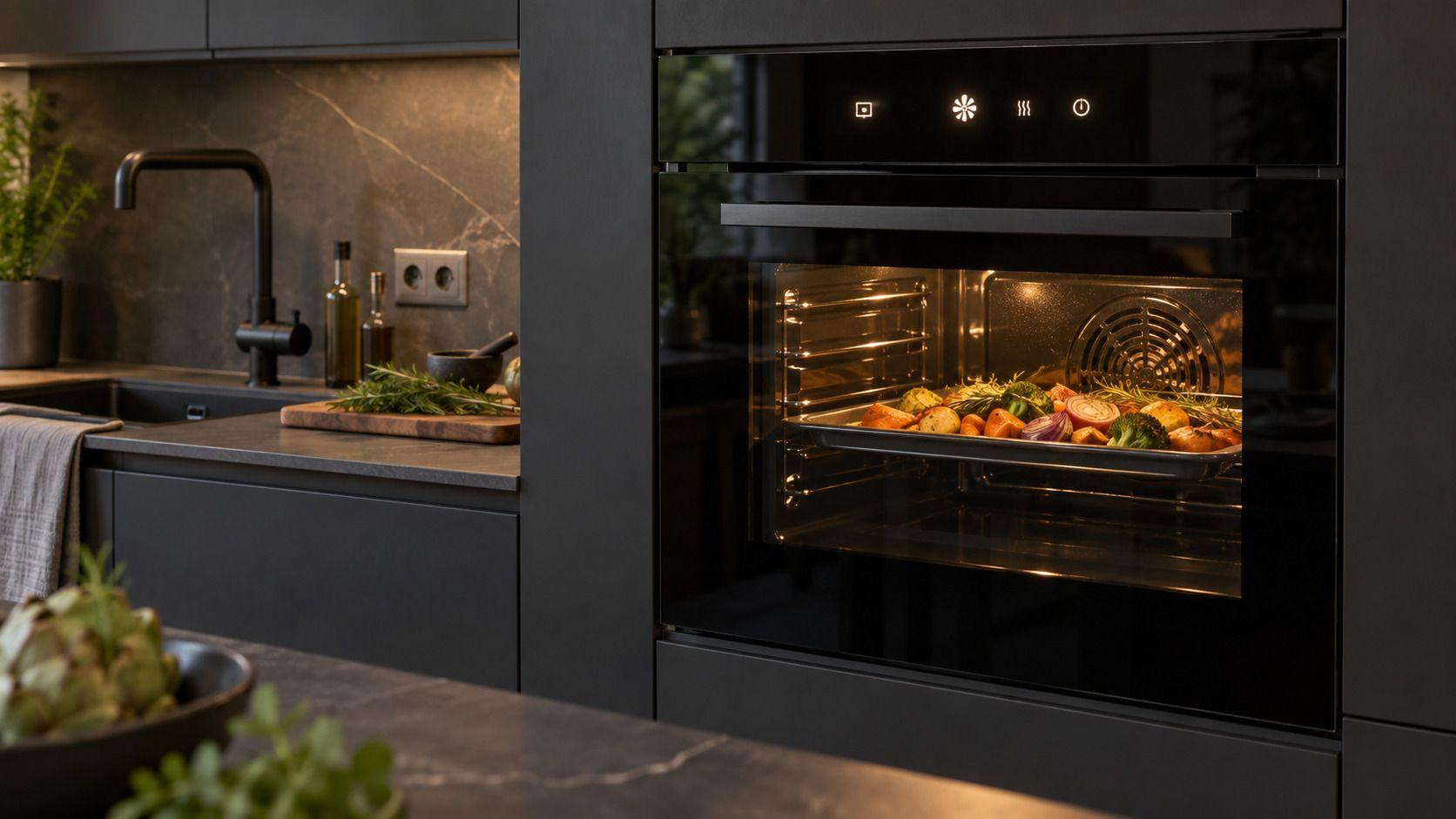Einbaubackofen mit beleuchteter Bedienleiste und Gemüse auf dem Backblech hinter der Glastür.