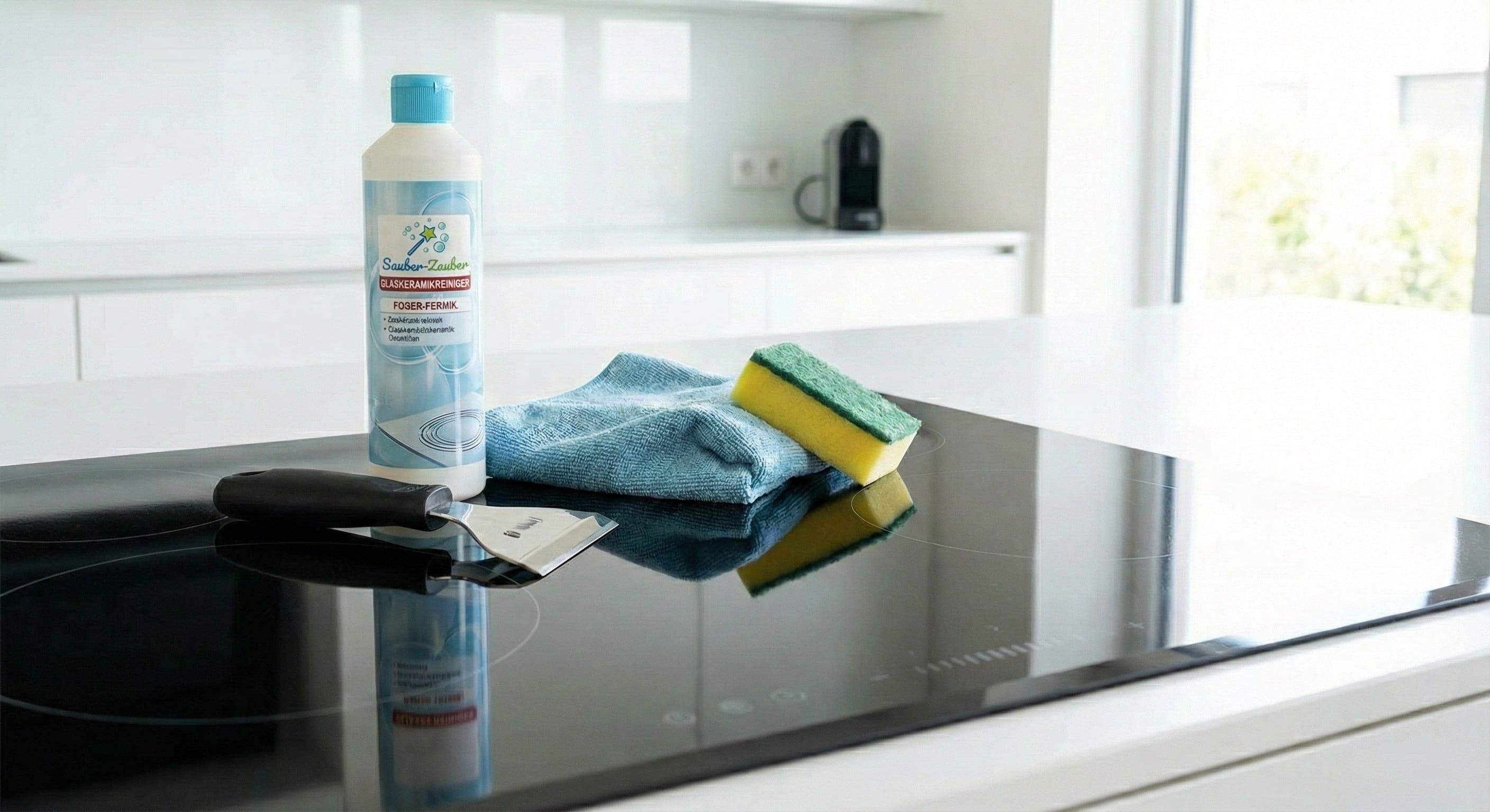 Cerankochfeld mit Kochzonen, daneben Reiniger, Tuch und Schaber zur Reinigung der Glaskeramikoberfläche.