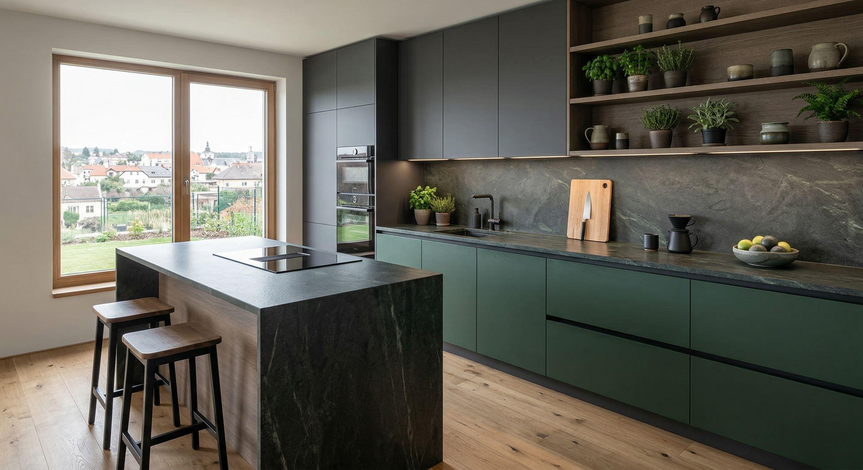 Moderne Küche mit dunkelgrünen Fronten, schwarzer Kücheninsel mit Kochfeld, Holzarbeitsplatte, offenen Regalen mit Pflanzen und großem Fenster mit Blick auf Stadt.